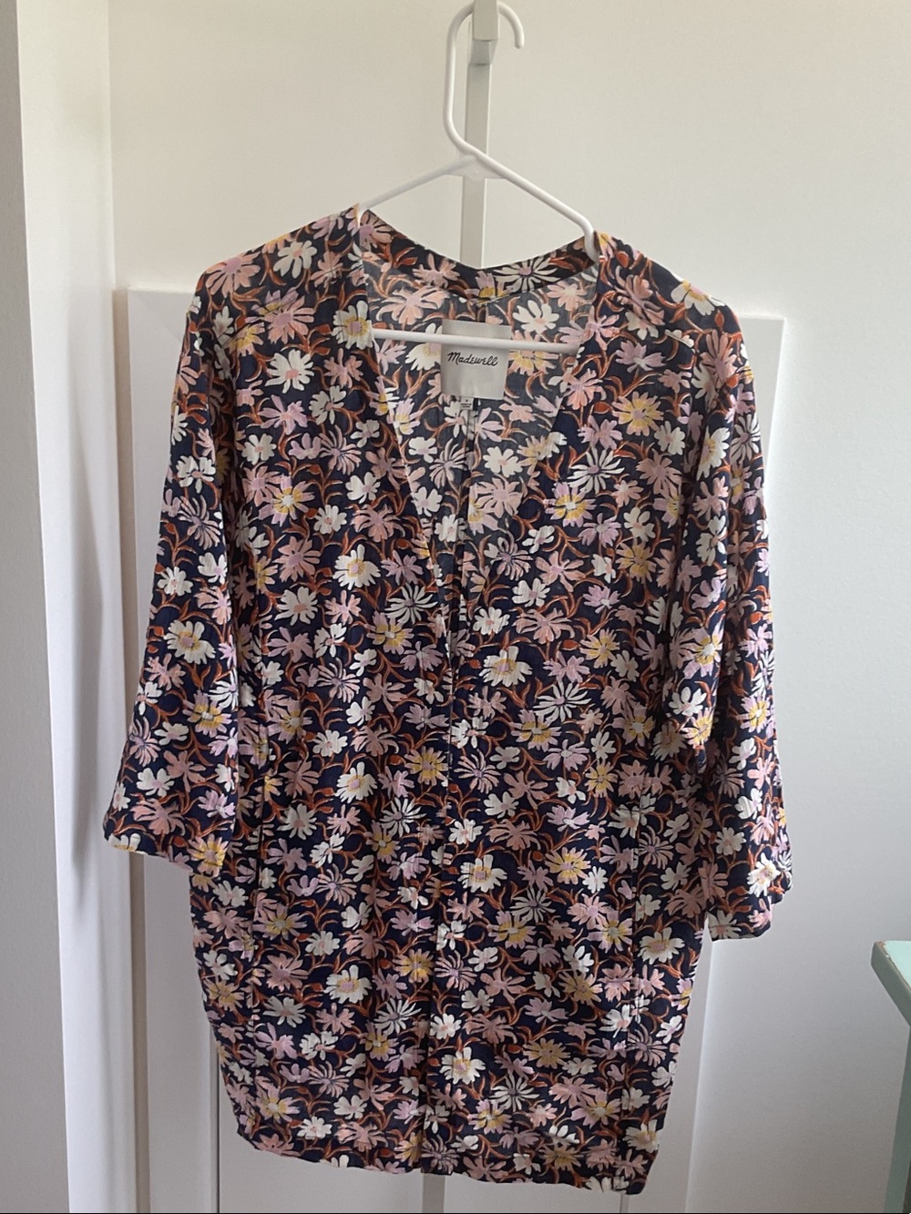 Madewell Navy Floral 100% Cotton Kimono with Pink and Cream Blooms Small